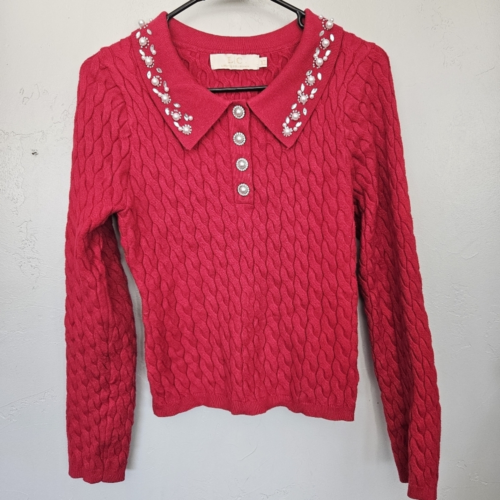 Lizette Collection Women's Red Cable Knit Sweater Embellished Collar Pearl Sm M